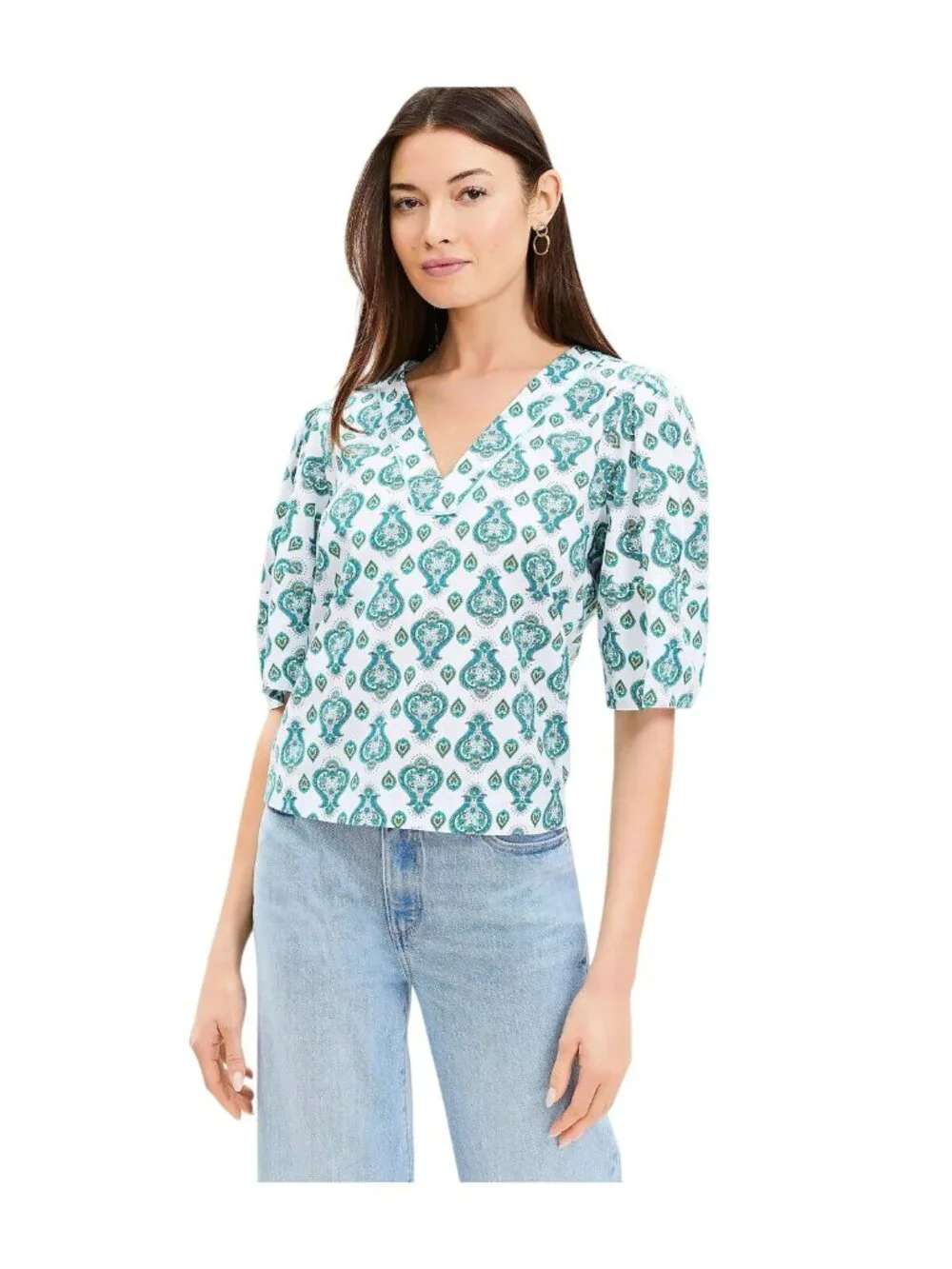 Loft Blouse Large Floral Paisley V-Neck Puff Sleeve White Green Boho Cottagecore